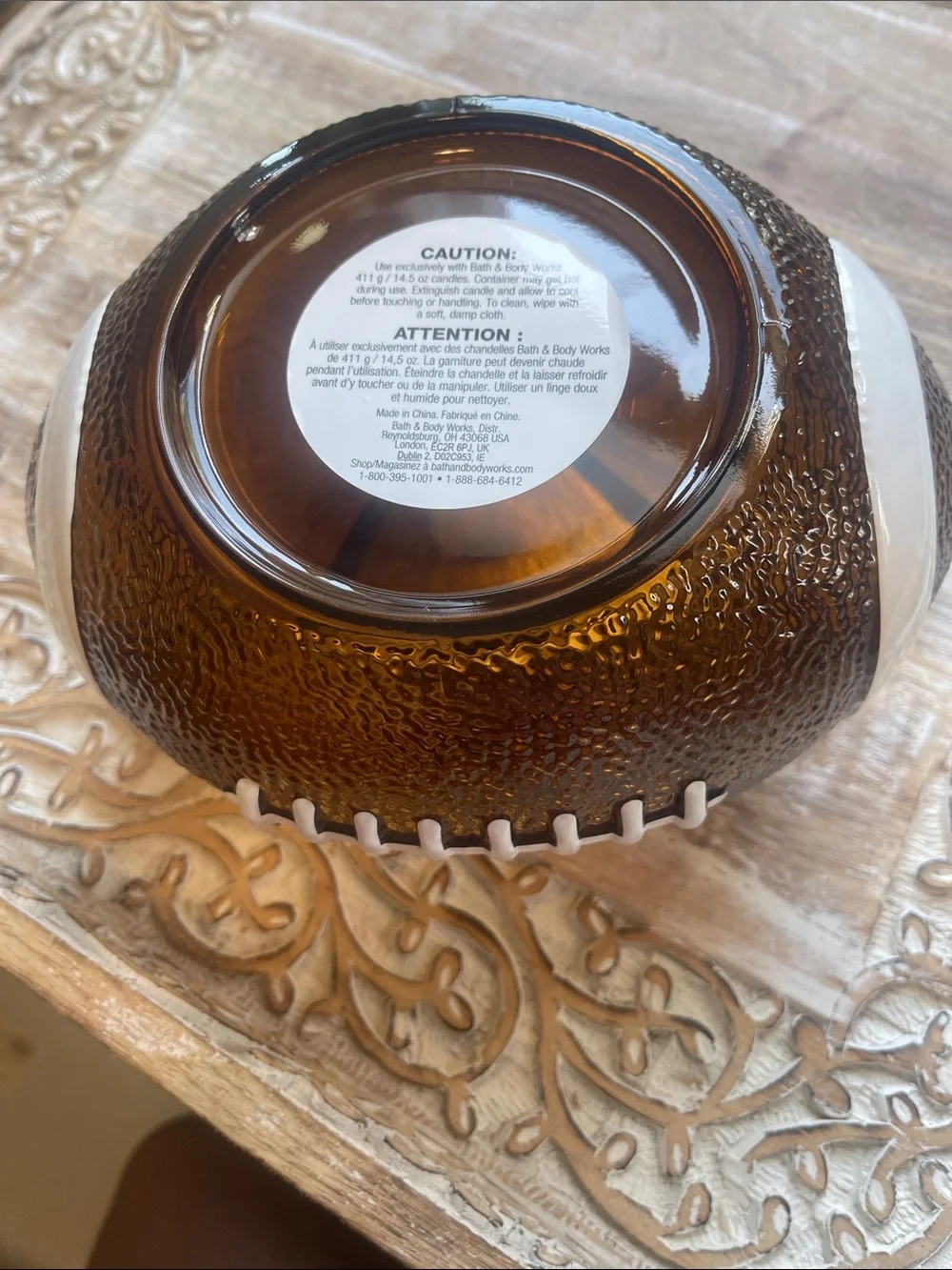 Bath & Body Works Amber Glass Football Candle Holder with White Lace Detail